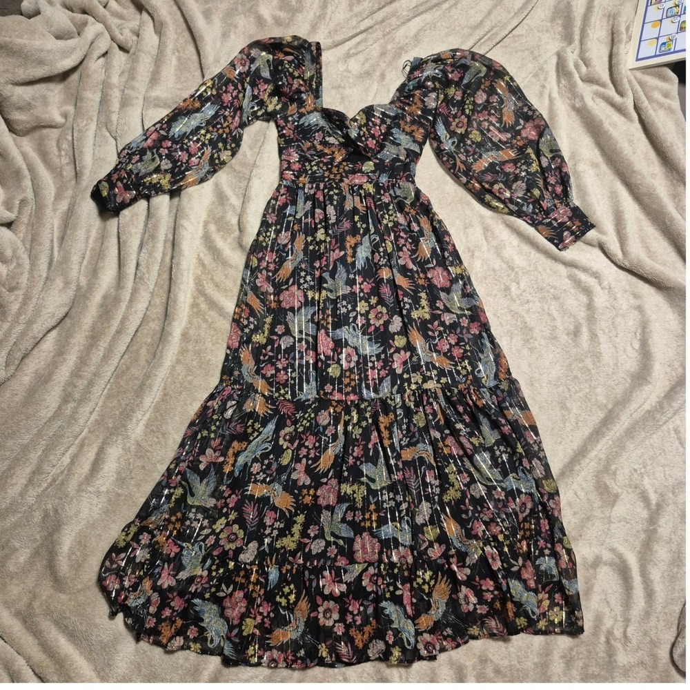 Angie Floral Bird Metallic Stripe Maxi Dress Black Gold Boho Puff Sleeve XS